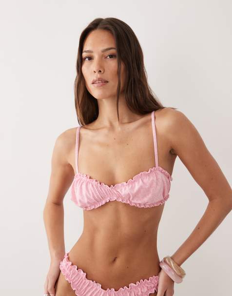 Miss Selfridge - Bikini froncé en maille pointelle à volants - Rose - view 1