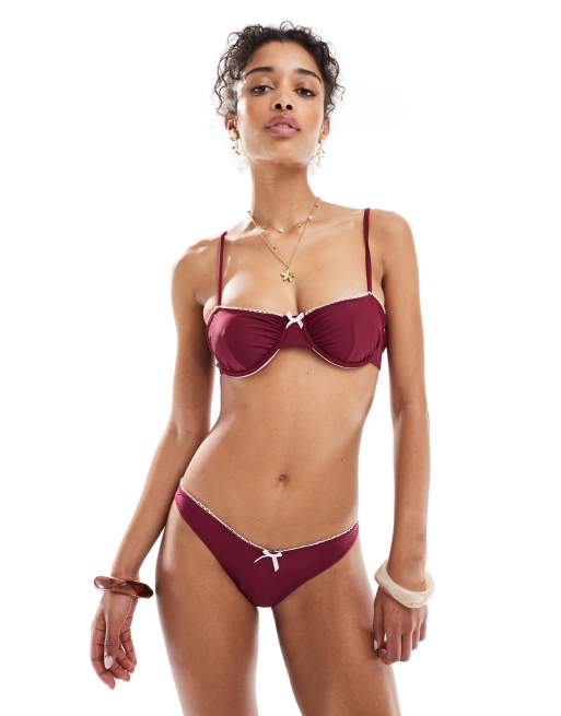Miss Selfridge - Bikinitopje met beugels en picotrandje in bordeauxrood, 2 van 4