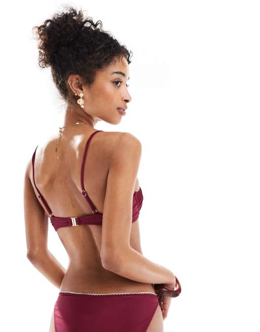 Miss Selfridge - Bikinitopje met beugels en picotrandje in bordeauxrood, 4 van 4