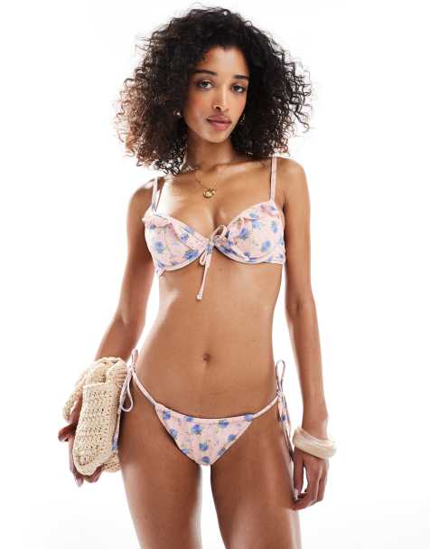 Miss Selfridge - Bikinitrusser med bindebånd i siderne og rosenprint - view 1