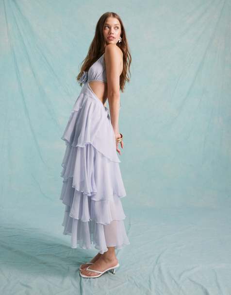 Miss Selfridge - Blå lagdelt fest-maxikjole med brystbuket i chiffon - view 1