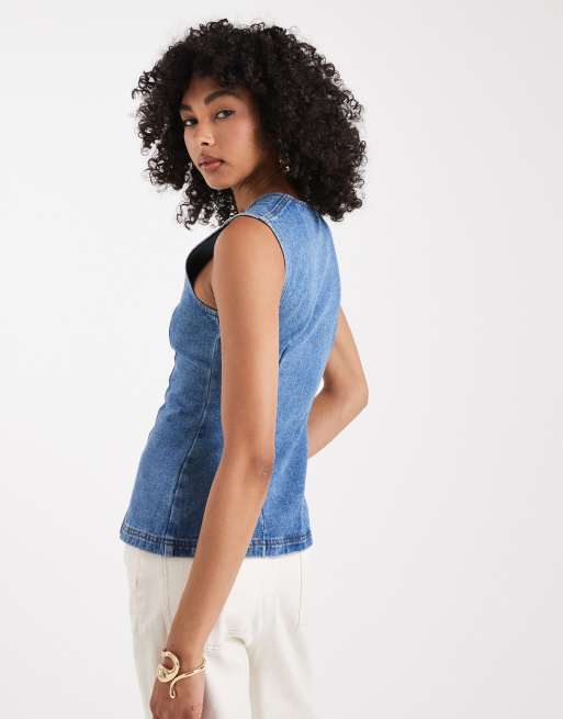 Miss Selfridge - Blå og forvasket longline-vest i denim, 3 af 4