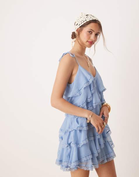 Miss Selfridge – Blå, panelsydd miniklänning i chiffong med spetsdetalj - view 1