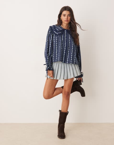 Miss Selfridge - Blå skjorte med dobbelt krave og blomstret tapetprint - view 1