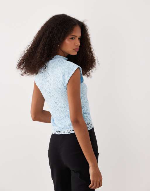 Miss Selfridge – Blå spetstopp med knytning och mandarinkrage, 4 av 4