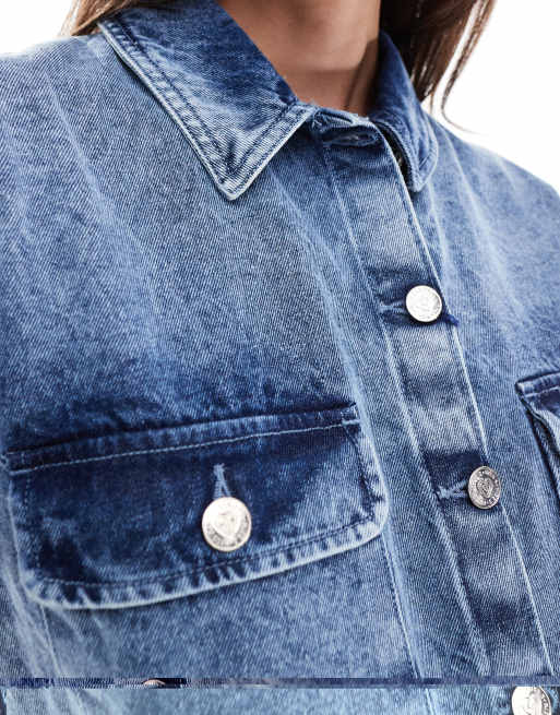 Miss Selfridge – Blå, stentvättad, ärmlös skjortklänning i denim och oversize modell, 2 av 4