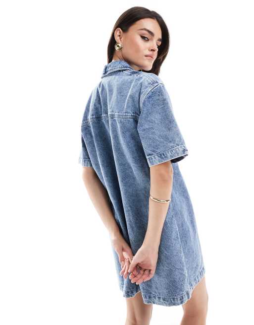 Miss Selfridge – Blå, stentvättad, ärmlös skjortklänning i denim och oversize modell, 3 av 4
