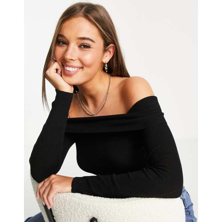 Black ribbed cheap bardot top