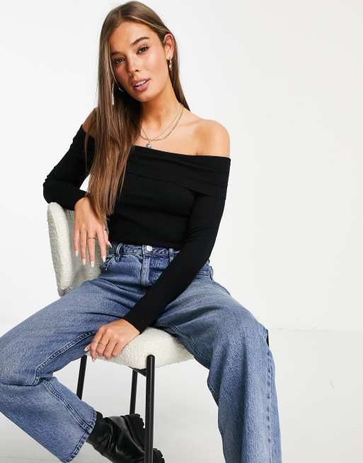 Miss Selfridge black fold over rib bardot top - BLACK, 2 of 4