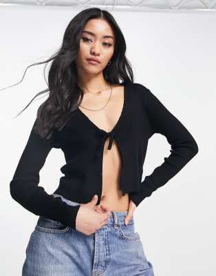 Miss Selfridge black tie front long sleeve ribbed top BLACK ASOS