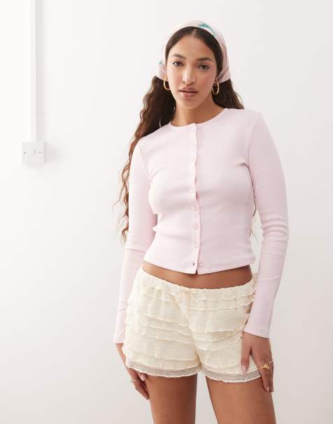 Miss Selfridge button through rib crew neck cardigan in soft pink