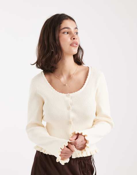 Miss Selfridge lace edge knit top in buttermilk