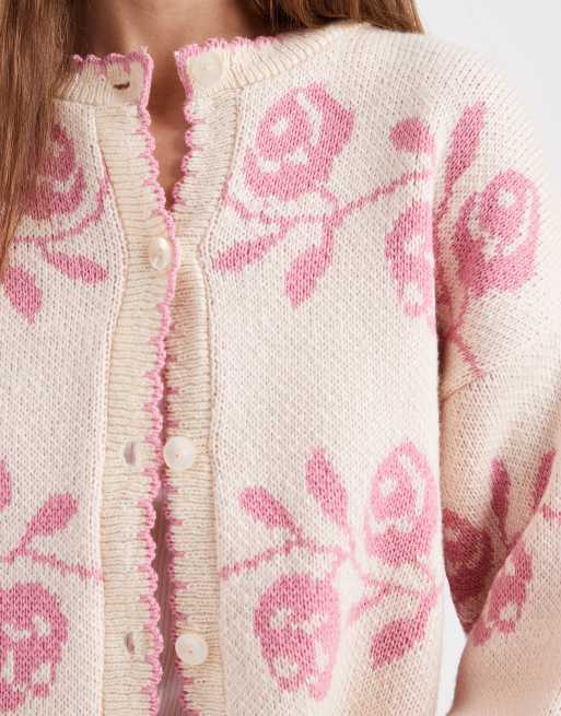 Miss Selfridge blanket stich cardigan with florals in pink, 2 of 4