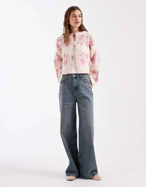 Miss Selfridge blanket stich cardigan with florals in pink, 3 of 4