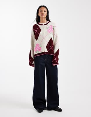 Miss Selfridge Blanket Stitch Argyle Cardigan In Multi