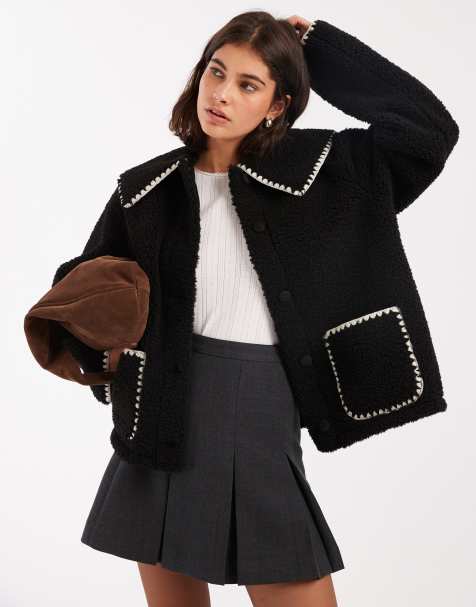 Miss Selfridge blanket stitch borg collar detail jacket in black - view 1