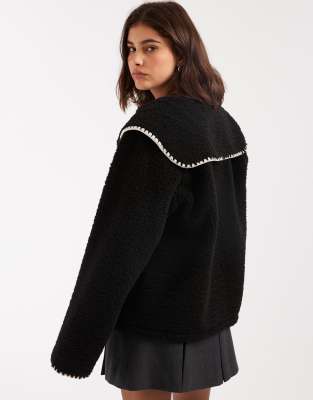 Miss Selfridge Blanket Stitch Borg Collar Detail Jacket In Black