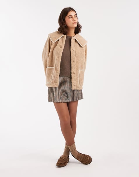 Miss Selfridge blanket stitch borg collar detail jacket in camel - view 1