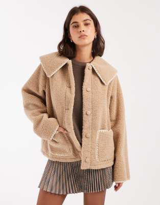 Miss Selfridge Blanket Stitch Borg Collar Detail Jacket In Brown