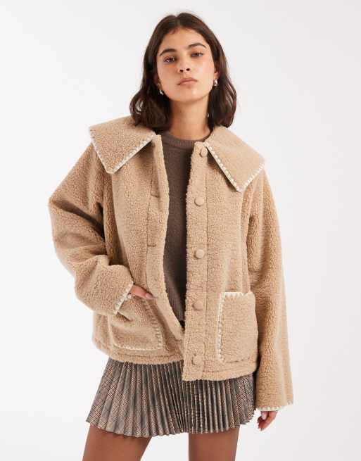 Miss Selfridge blanket stitch borg collar detail jacket in camel