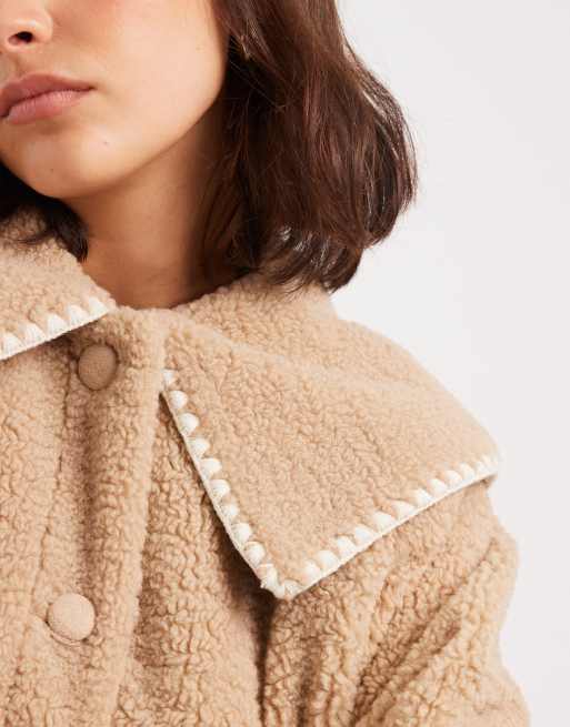 Miss Selfridge blanket stitch borg collar detail jacket in camel