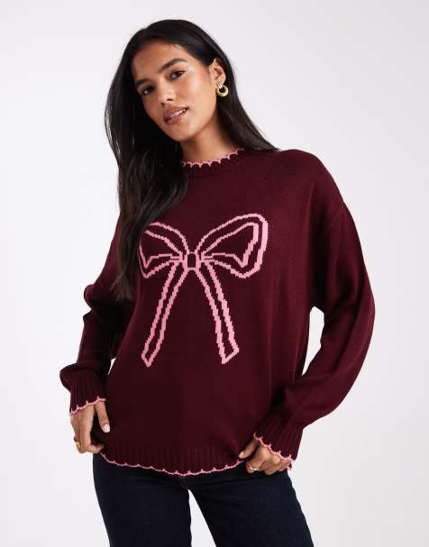 Miss Selfridge blanket stitch bow jumper in burgundy - view 1