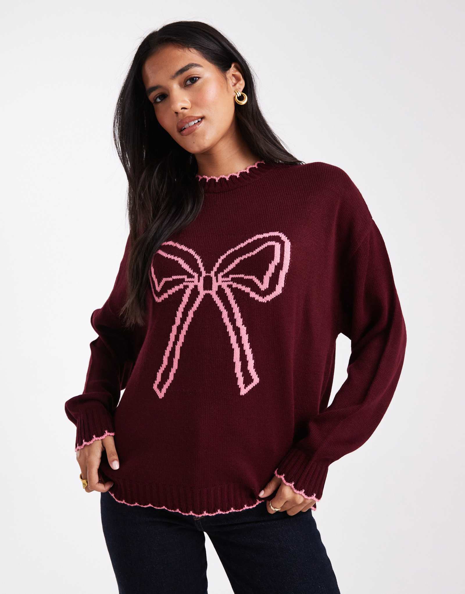 Свитер с бантом Miss Selfridge blanket stitch бордового цвета