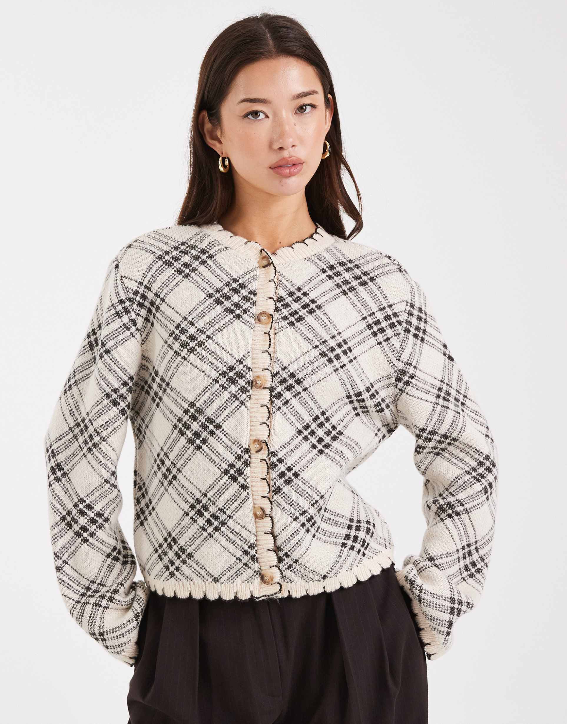 miss selfridge blanket stitch cardigan in argyle plaid