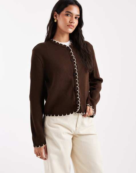 Miss Selfridge blanket stitch cardigan in brown - view 1