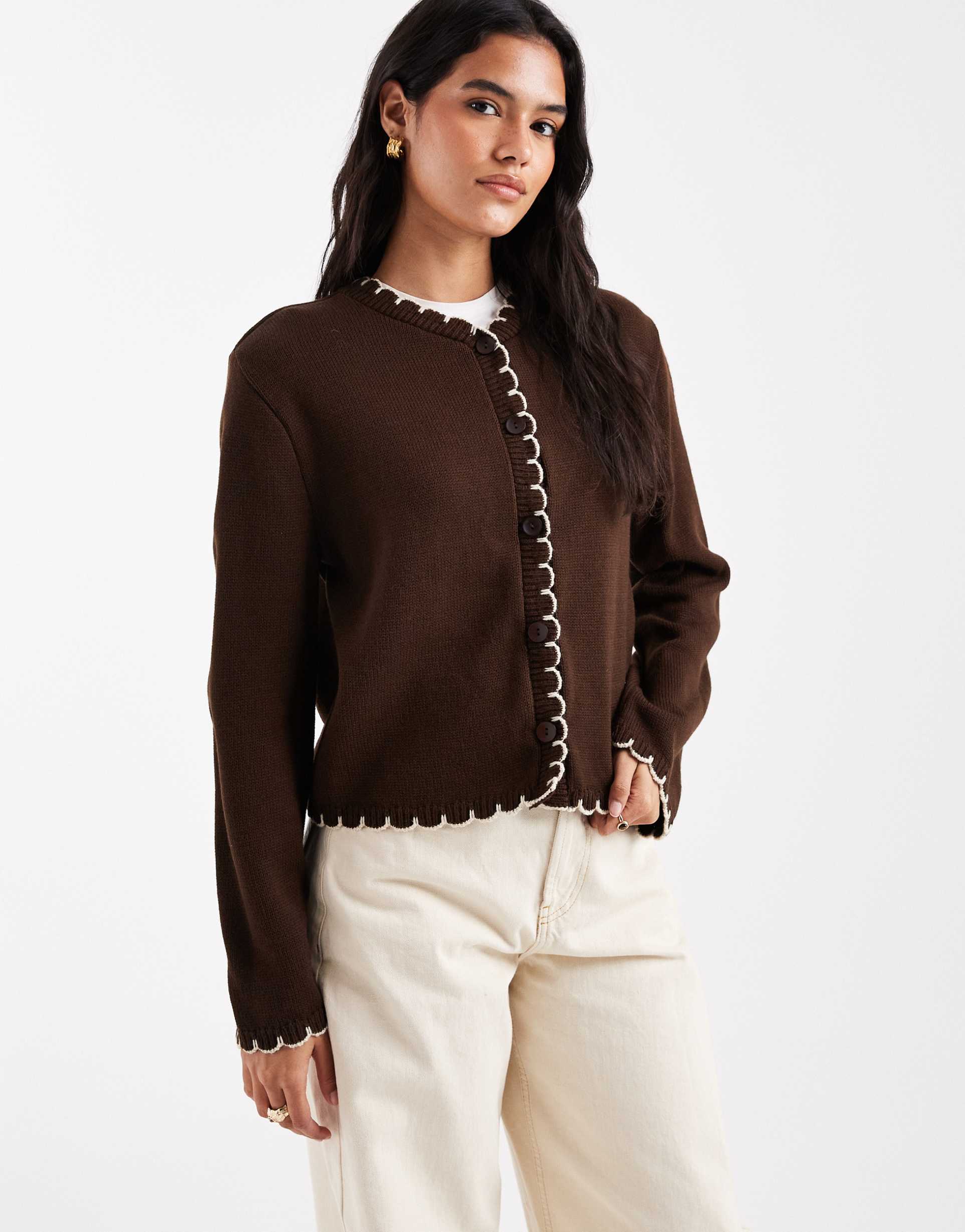 miss selfridge blanket stitch cardigan in brown