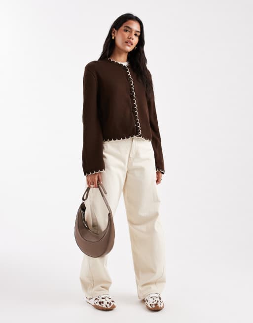 Miss Selfridge blanket stitch cardigan in brown