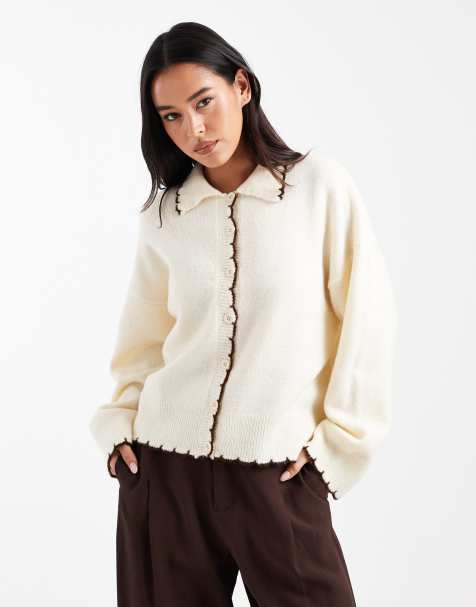 Miss Selfridge blanket stitch cardigan in buttermilk with chocolate tipping - view 1