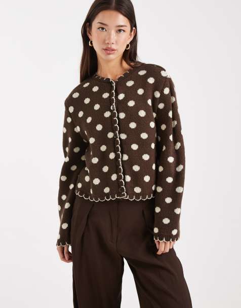 Miss Selfridge blanket stitch cardigan in chocolate spot - view 1