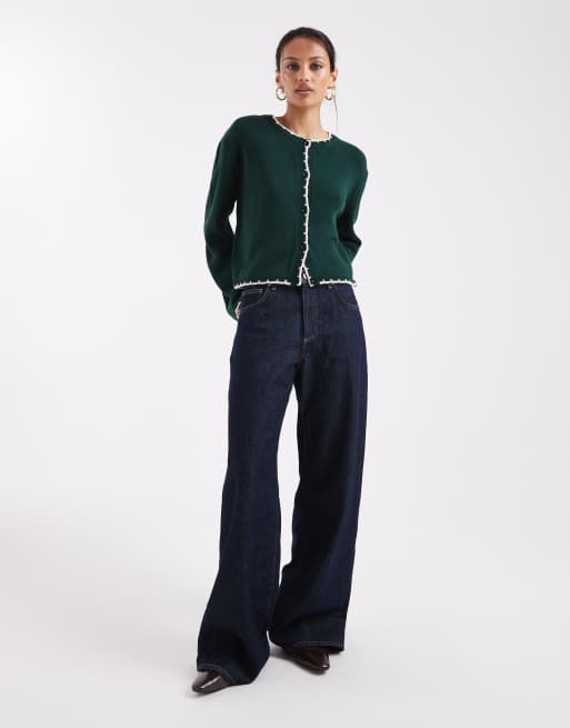 Miss Selfridge blanket stitch cardigan in forest green, 3 of 4