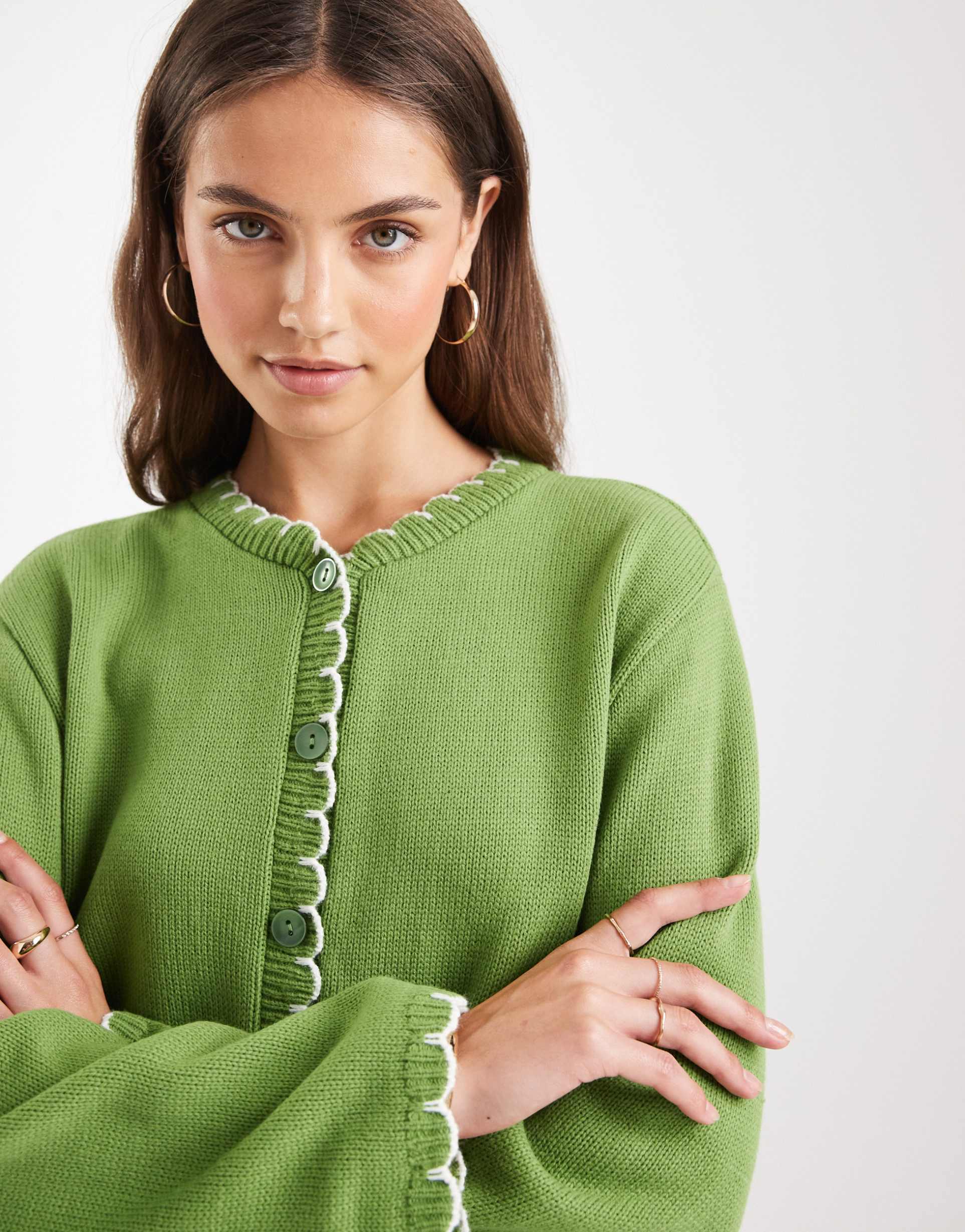 miss selfridge blanket stitch cardigan in green