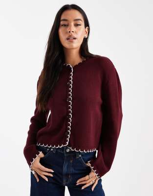 Miss Selfridge Blanket Stitch Cardigan In Burgundy