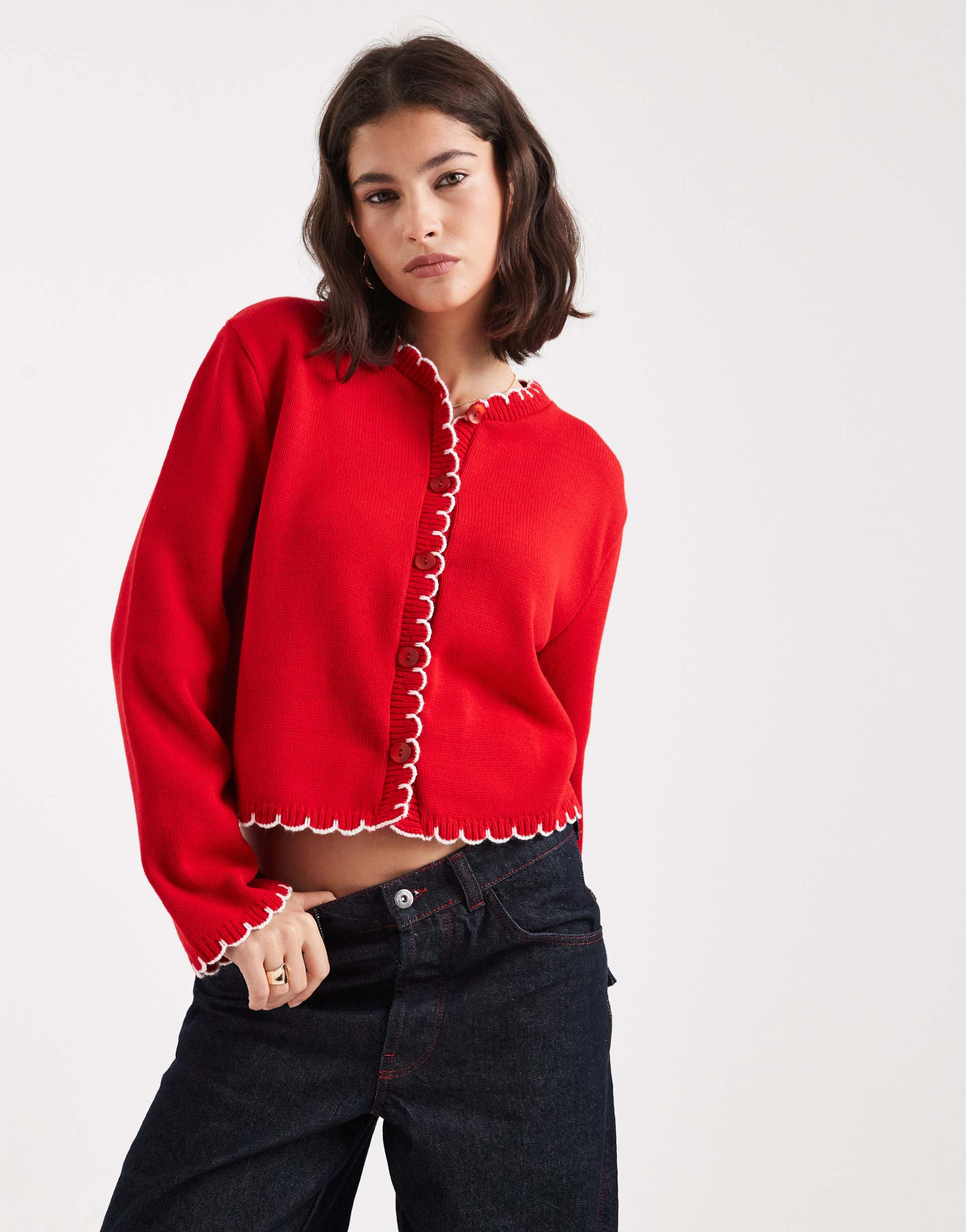 miss selfridge blanket stitch cardigan in red