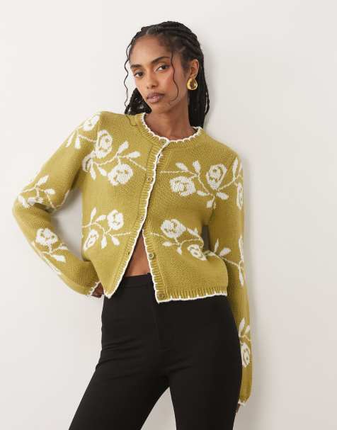 Miss Selfridge blanket stitch cardigan with florals in green - view 1