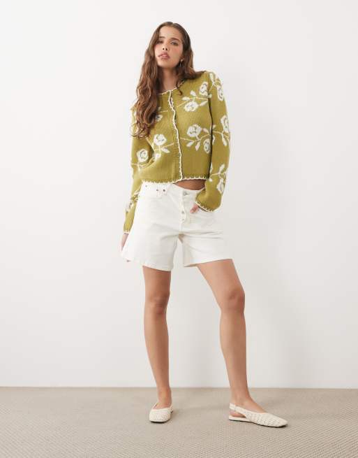 Miss Selfridge blanket stitch cardigan with florals in green, 2 of 4