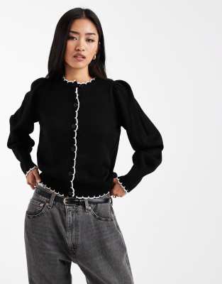 Miss Selfridge Blanket Stitch Cardigan With Puff Sleeve-black In Black