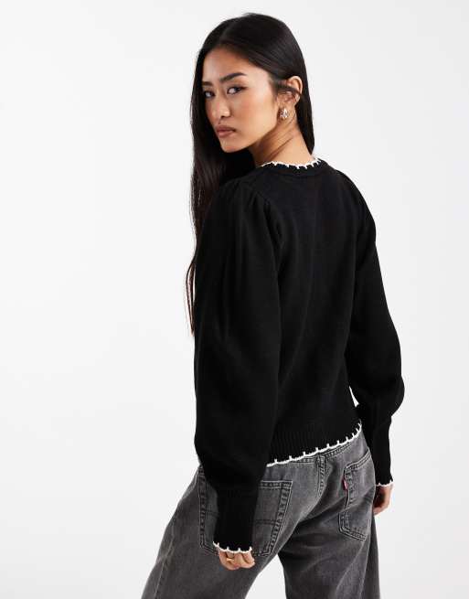Miss Selfridge blanket stitch cardigan with puff sleeve, 3 of 4