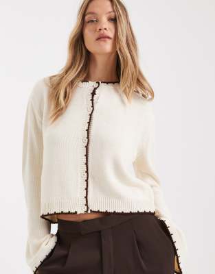 Miss Selfridge Blanket Stitch Cardigan With Wide Cuff Sleeve In Neutral