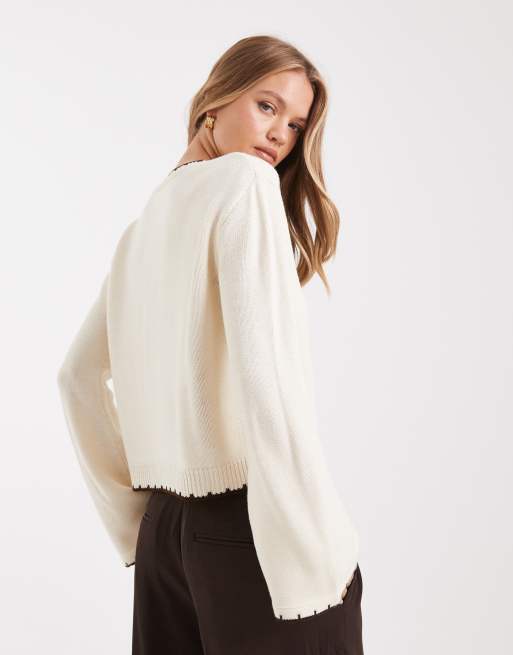 Miss Selfridge blanket stitch cardigan with wide cuff sleeve in buttermilk
