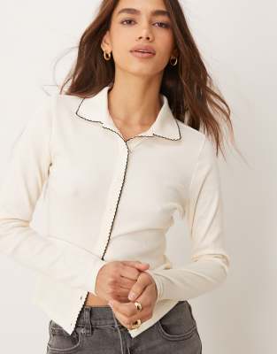 Miss Selfridge blanket stitch collar detail long sleeve top in cream-White