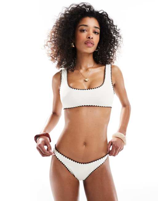 Miss Selfridge blanket stitch detail bikini top in cream with chocolate stitching , 2 of 4