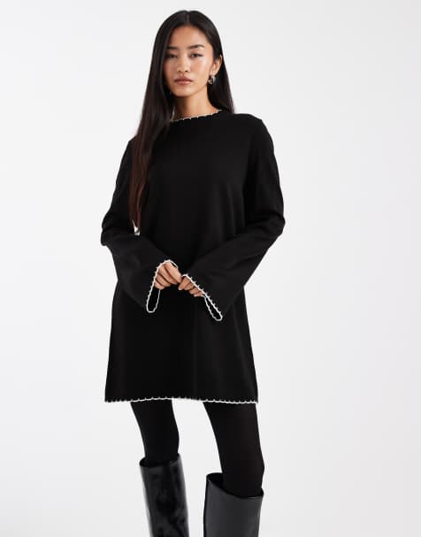 Miss Selfridge blanket stitch dress in black with cream tipping - view 1