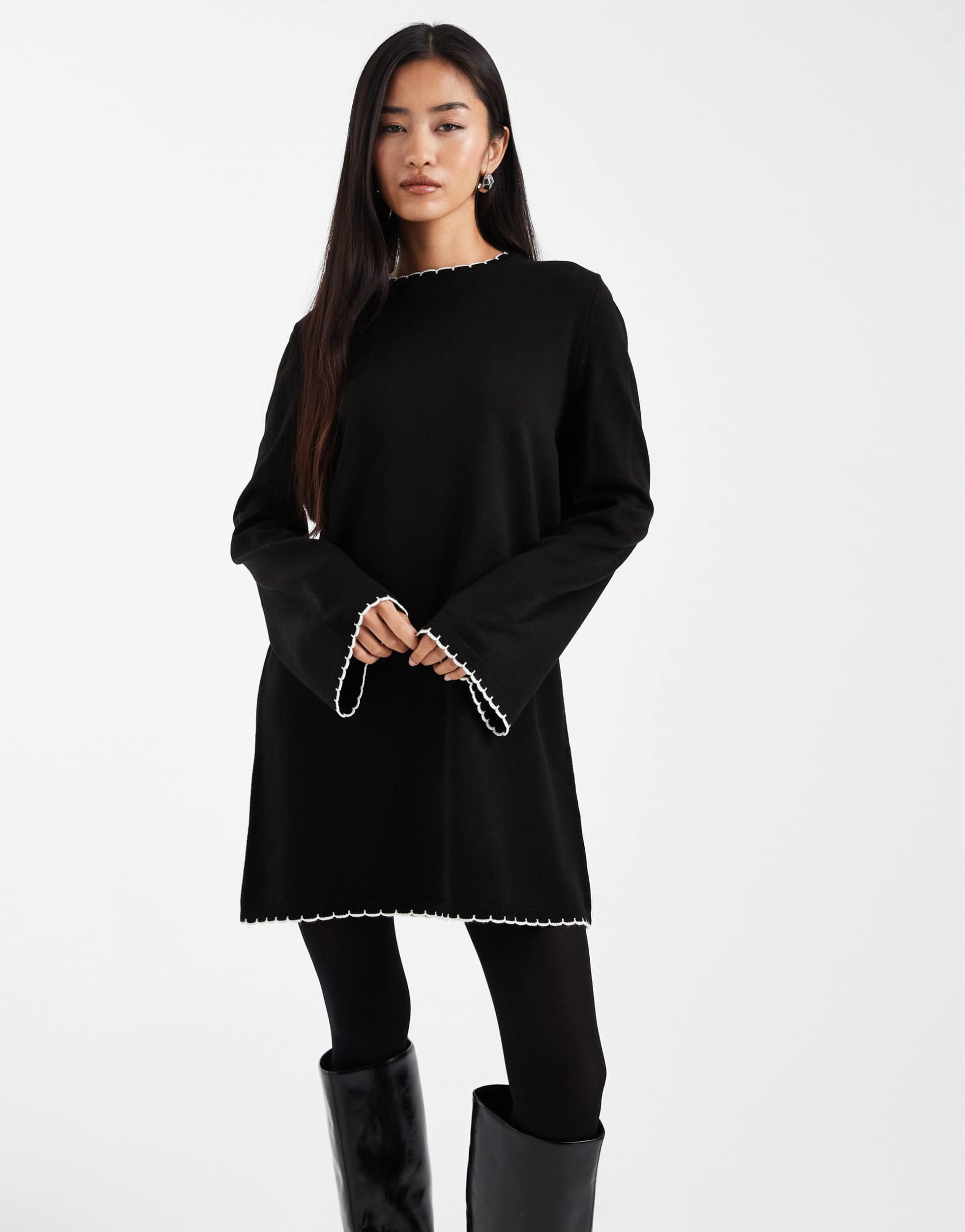 miss selfridge blanket stitch dress in black with cream tipping