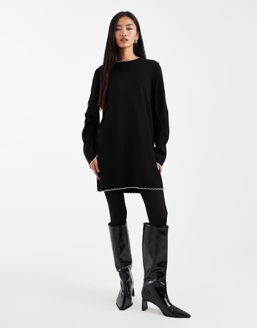 Miss Selfridge blanket stitch dress in black with cream tipping, 3 of 4