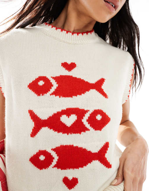 Miss Selfridge blanket stitch heart sardine graphic sweater vest, 3 of 4