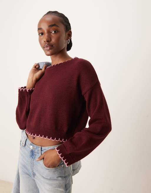 Miss Selfridge blanket stitch jumper in burgundy